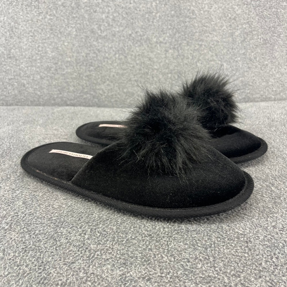 Victoria's Secret Slipper Slides Women M Black Velvet Pom Pom Glam House Shoes